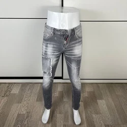 Pantalones vaqueros rasgados elásticos para hombre, Jeans Retro grises de alta calidad, elásticos, ajustados, diseñador parcheado, marca Hip Hop