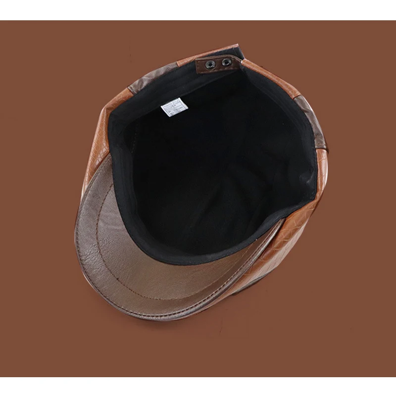 Retro PU Leather Beret Hat for Men Flat Peaked Cap For Mid Elderly Age Man Plaid Grain Forward Cap Autumn Winter Duckbill Visor