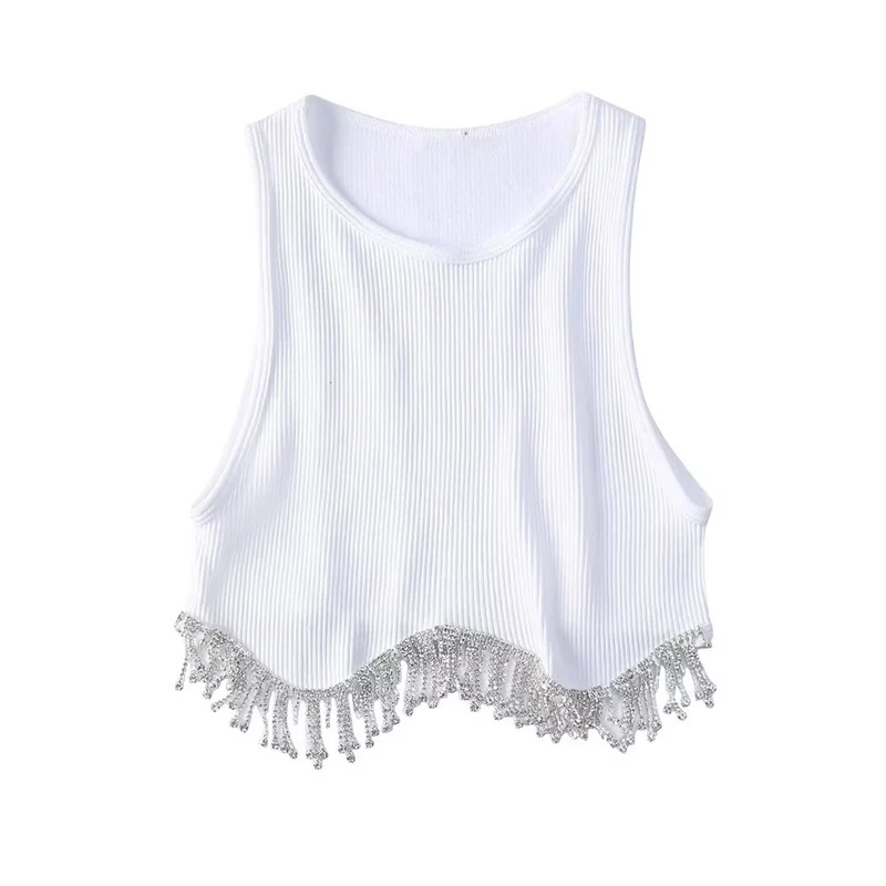 High Street Sexy Hem Tassel Diamond Beading Knitting T Shirt Chic Short Camis Tank Lady Slim Crop Vest Tops