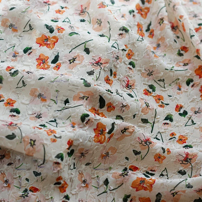 Spring Summer Chiffon Floral Printed Fabric Breathable Embossed Bubble Wrinkle Cloth For Dress Shirt Diy Sewing 50cmx135cm