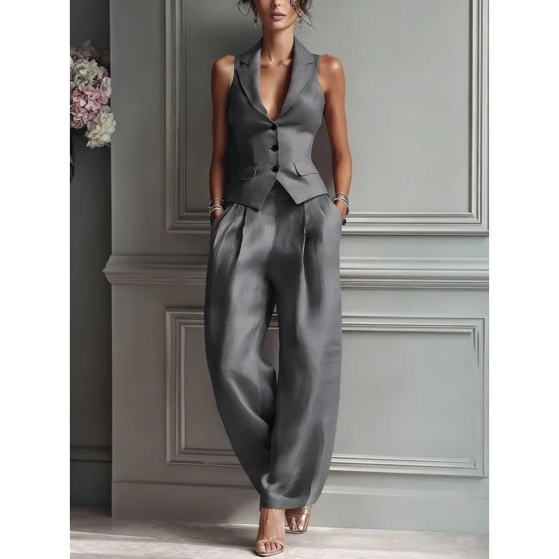 Damen 2-teiliges Outfit, ärmellose Weste mit Revers, hochtaillierte Hose mit weitem Bein, elegantes Büro-Formalanzug-Set, Business-Party-Partnerlook – Detail 3