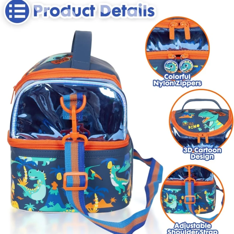 VEST Kids Double cooler Insulated lunch bag Large tote for boys and girls with adjustable shoulder straps for dinosaurs