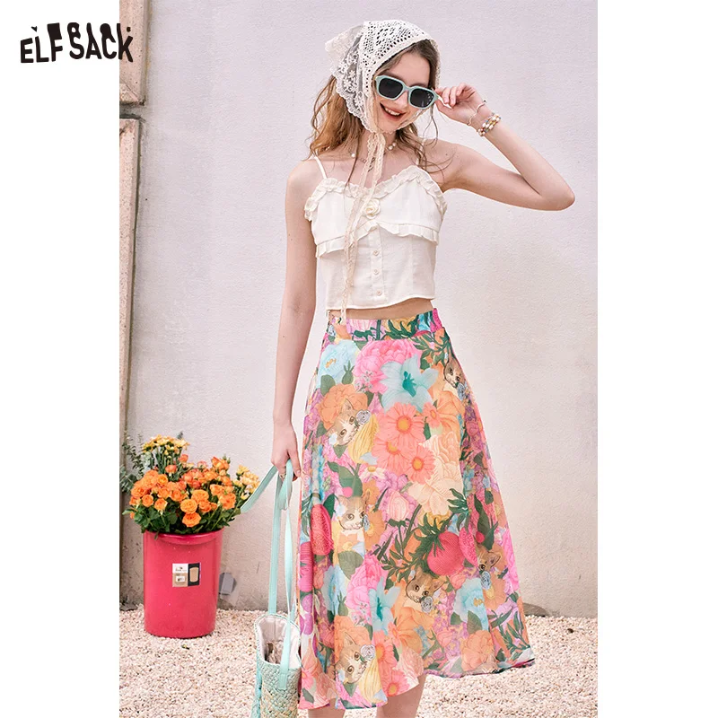 ELFSACK 2024 Summer New High waist oil painting sexy holiday style free feeling midi skirt skirt for women