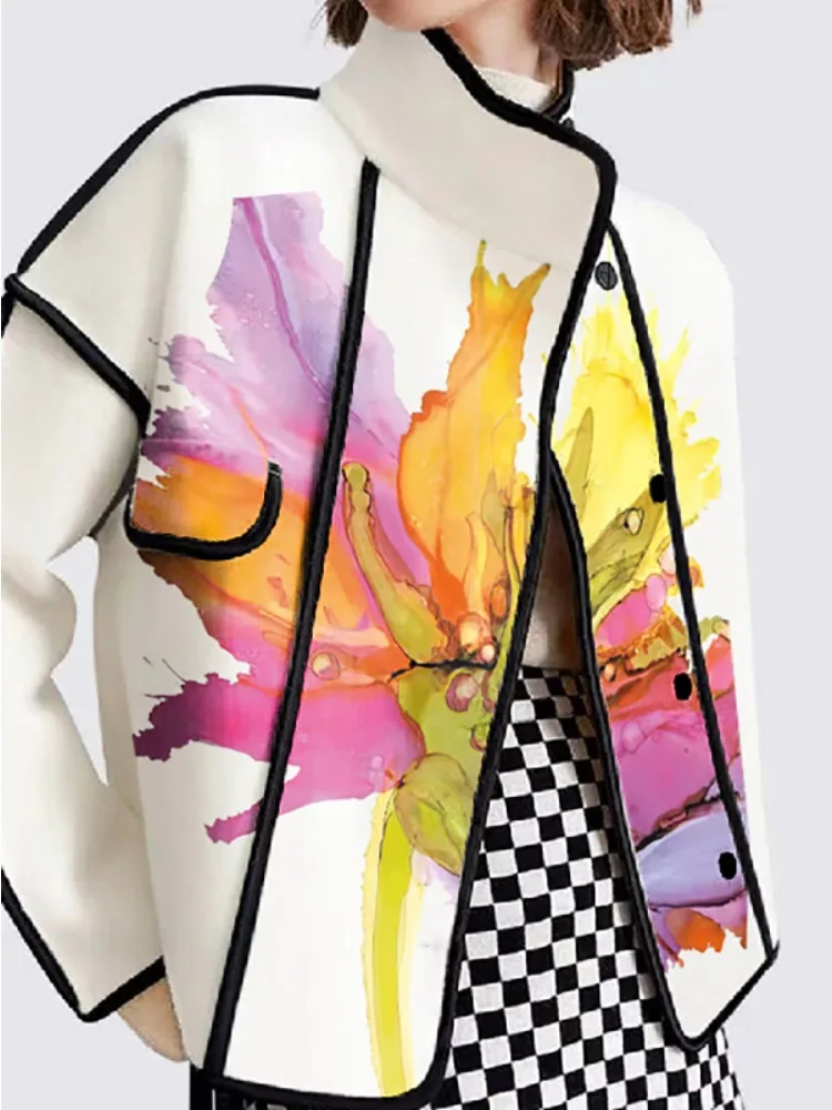 Freeacy 2025 Women\'s Stylish Jackets Floral Printed Split-joint Stand Collar Long Sleeves Loose Coat Buttoned Casual Outerwears
