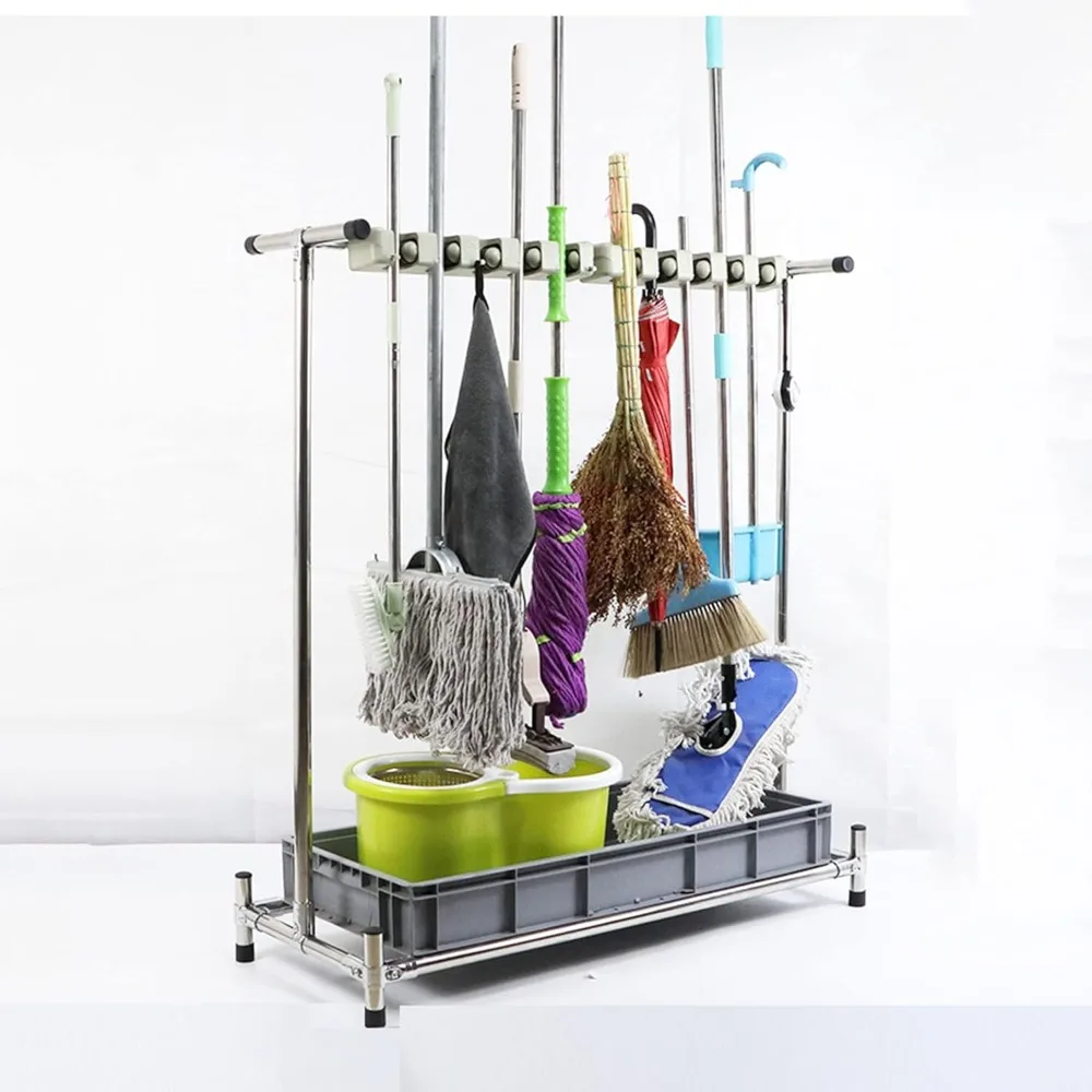 

Commercial Grade Stainless Steel Floor Mop and Broom Holder, Organizer for Cleaning Supplies, Mop Drain Rack
