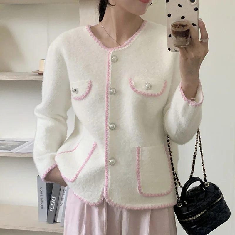 

Fashion Pearl Single Breasted Cardigan Women Autumn Winter Mix Color Long Sleeve Cardigans Woman O-Neck Coat Korean Style