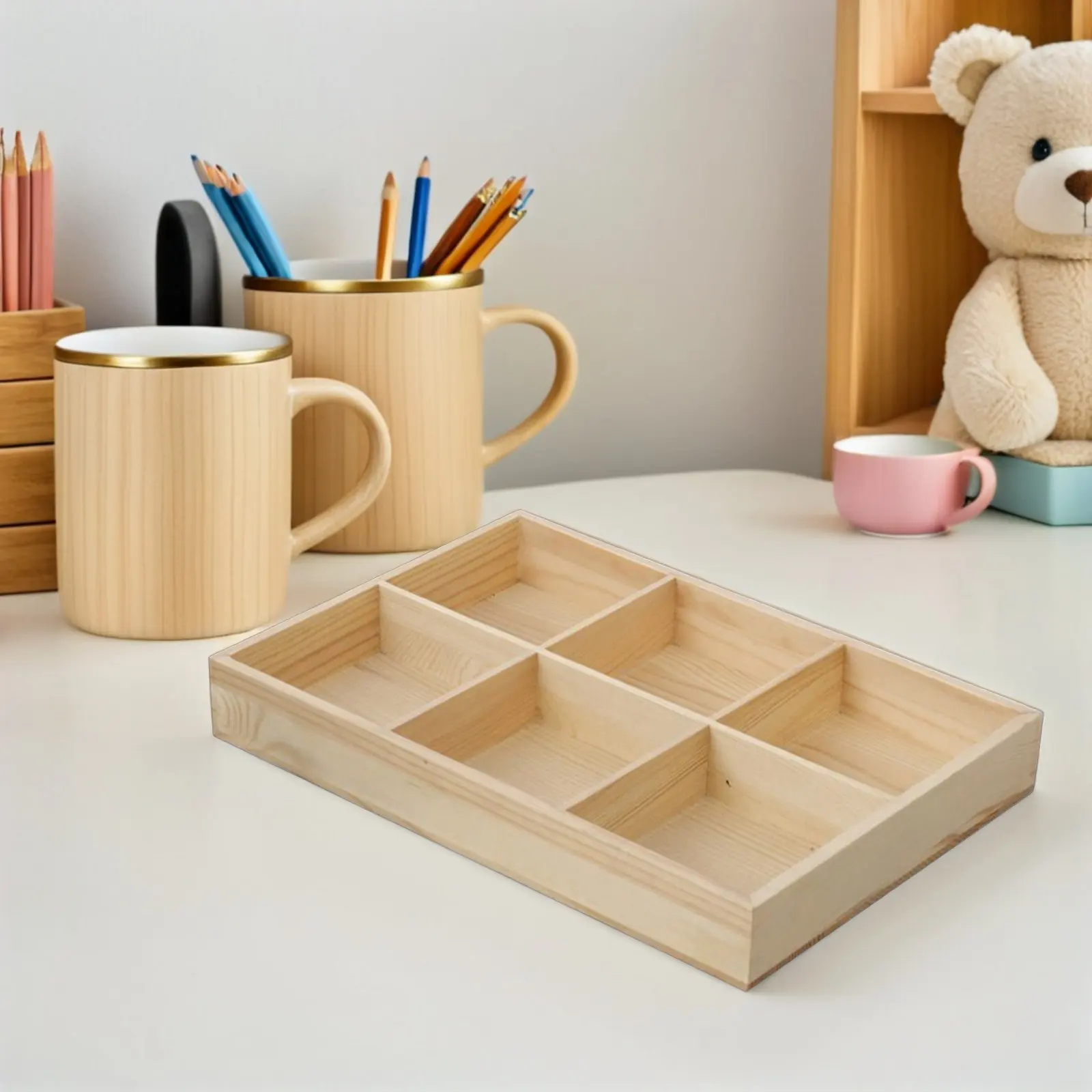 Multi-Slot Crayon Holder 6-Compartment Portable Desk Organizer for Pens Brushes Lipstick Acrylic Pen Container School Office