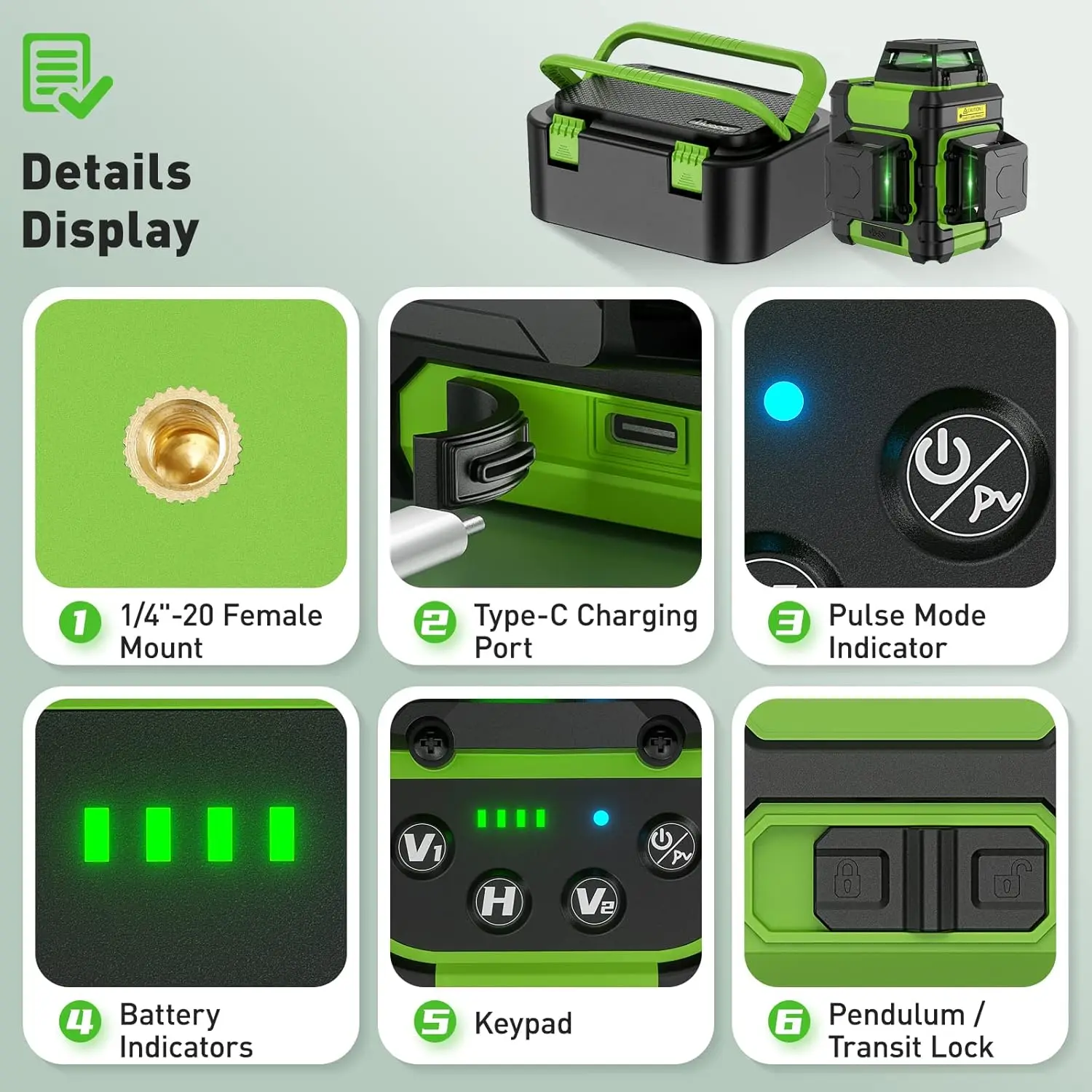 Imagem -05 - Huepar 3d Laser Nível Osram Feixe Verde Auto-nivelamento Linha Cruzada Conjunto de Ferramentas de Nível Laser com Detector Laser Suporte Magnético Hm03cg