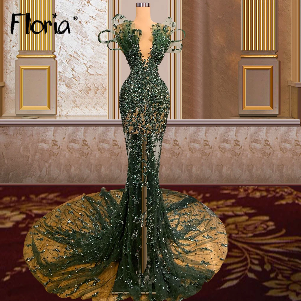 Floria สีเขียว Elegant Mermaid ชุดราตรี Gowns 2022ลูกปัด Tulle หรูหราสำหรับ Mermaid ชุดเดรสปาร์ตี้ Vestido De Novia