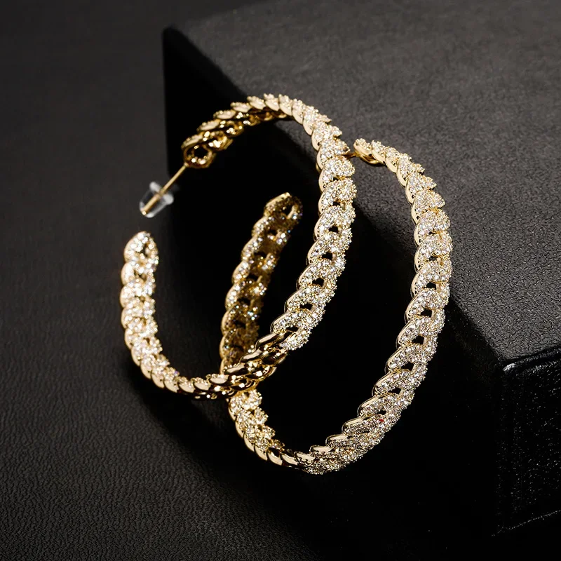 

Exaggerated Celebrity's Stylish Hio Hop Jewelry CZ Cuban Chain Stud Earrings Glittering Zircon Cuban Link Chain Hoop Earrings