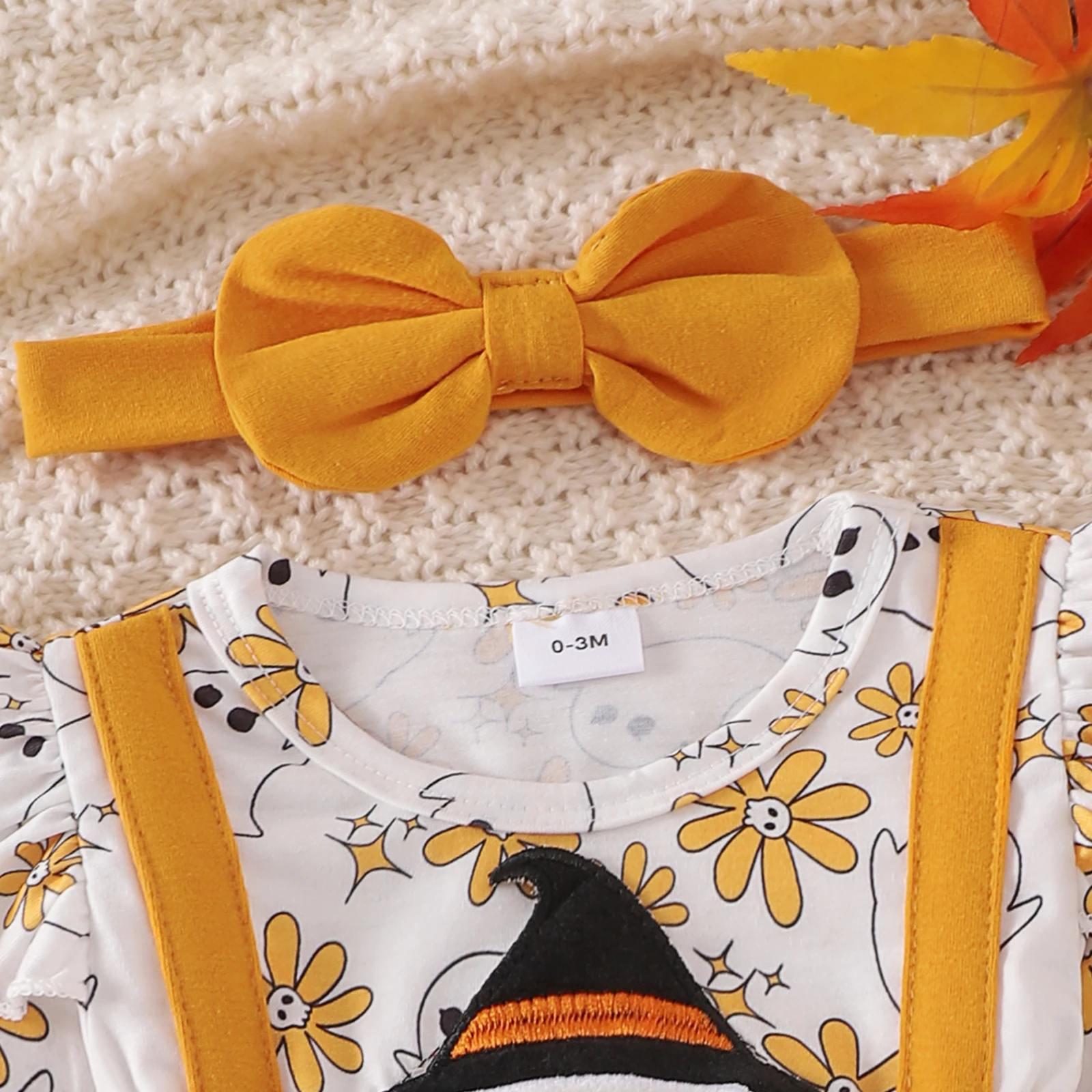 Pakaian Halloween bayi perempuan, baju monyet bordir hantu lengan panjang dengan bandana Set 2 potong