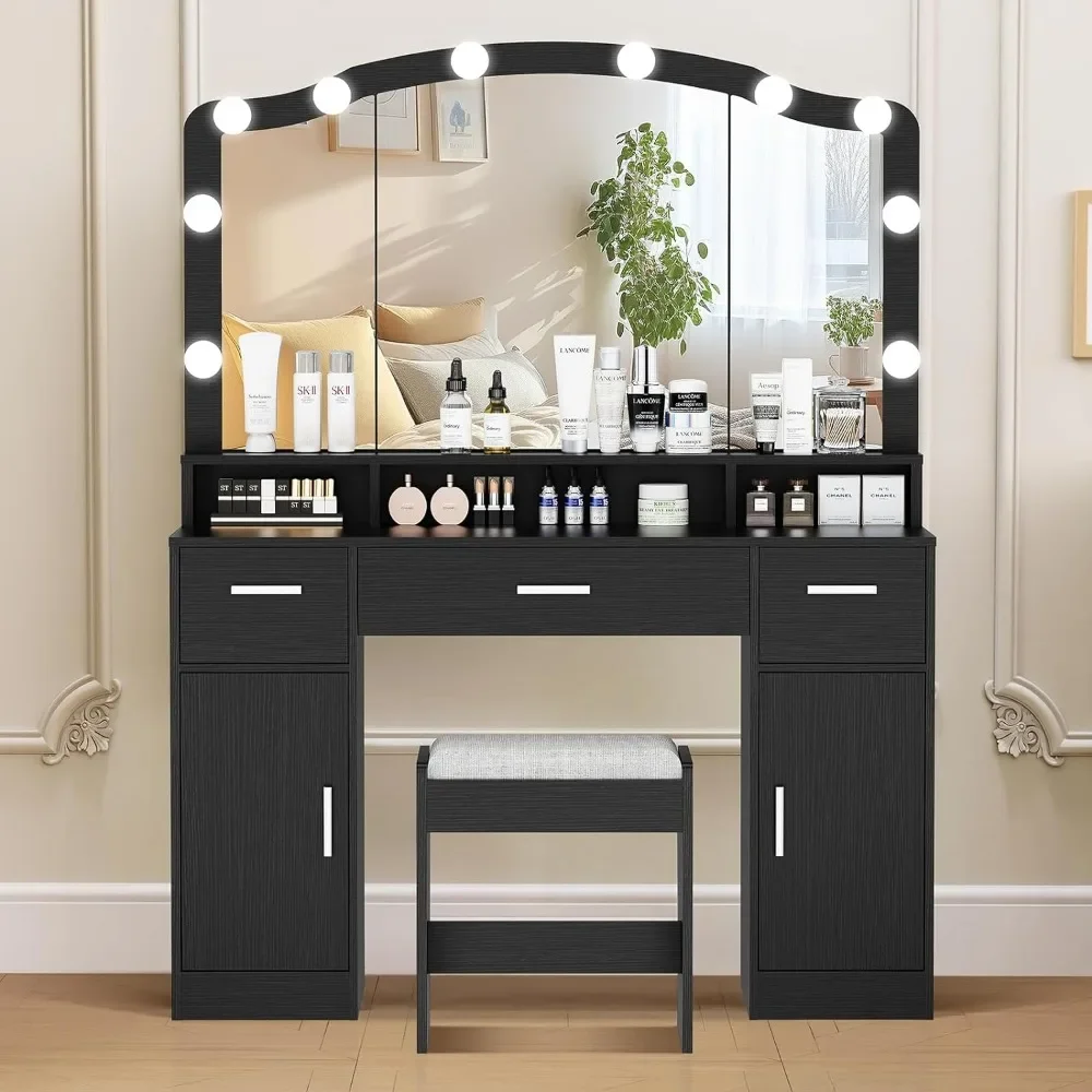 usikey Large Vanity Set with Large Lighted Mirror, Modern Makeup Vanity Table with 3 Drawers, 2 Storage Cabinets & 10 LED Bulbs,