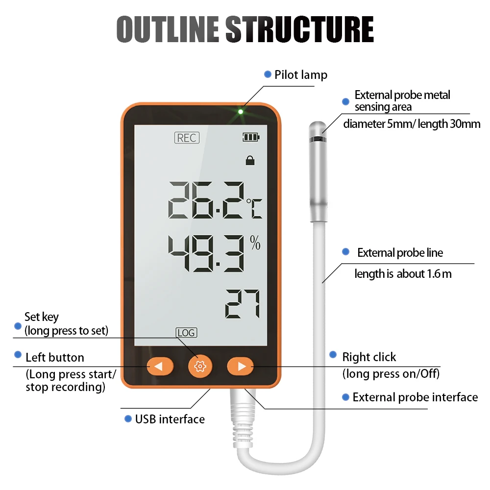 AIKESI GSP-80Pro Extended Probe USB Handheld Portable Split Dew Point Temperature and Humidity Data Logger Meter for Engineering