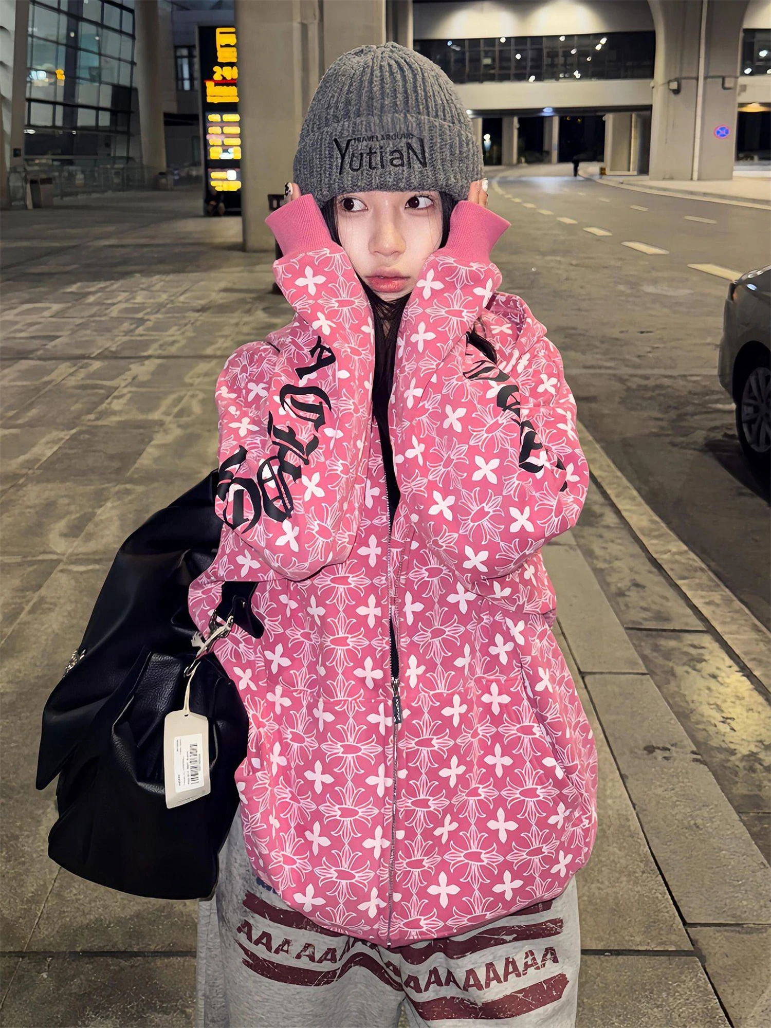 

Women's Pink Floral Print Zip-up Hoodie Letter Detail Oversized Fit Trendy Streetwear Casual Fashion Top 2025