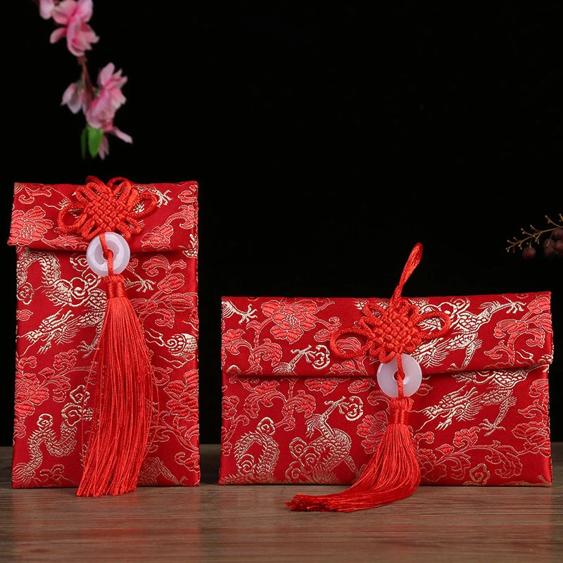 Bolsas chinas con borlas de bolsillo de la suerte, bolsa de regalo con nudo rojo, paquetes rojos de Año Nuevo, boda tradicional para boda, Festival de Primavera