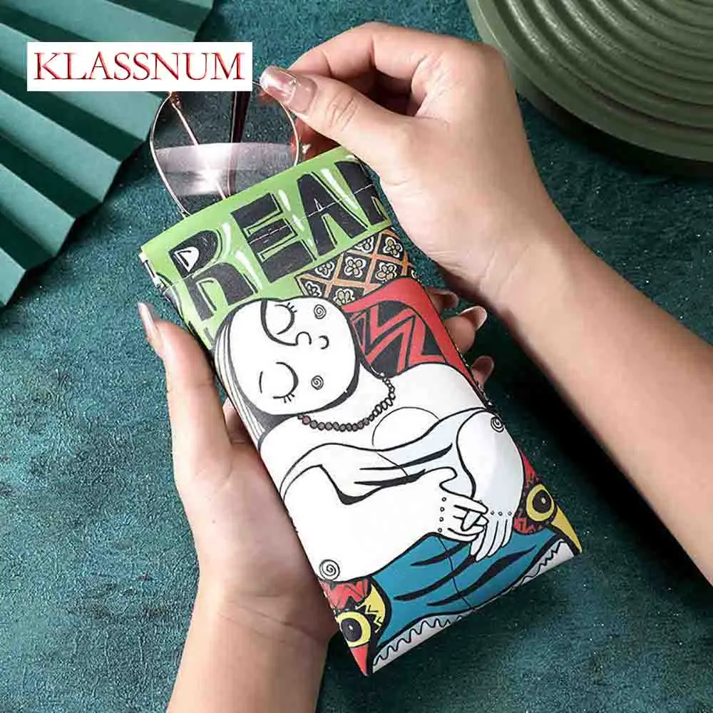 

KLASSNUM 2026 Glasses Pouch Soft Leather Sunglasses Bag Cute Anime Figure Print Eyewear Sleeve Case Portable Storage Pocket