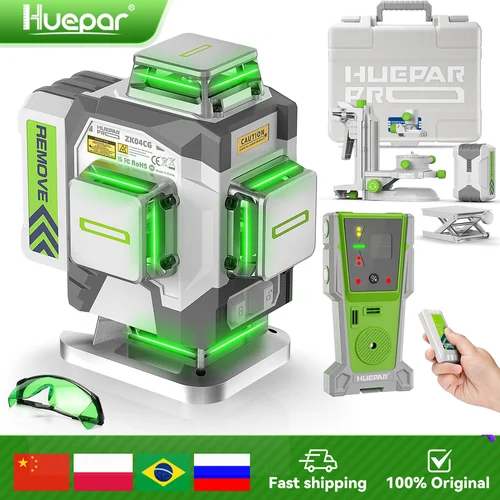 Huepar 고정밀 ±2mm/10m 4D 크로스 라인 레이저 레벨 및 수신기 셀프 레벨링 녹색 레이저 도구 8000mAh 리튬 이온 배터리 및 브래킷