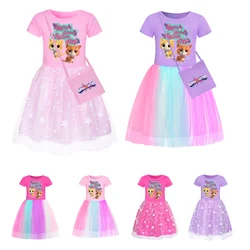 SuperKitties 아동용 반팔 드레스, 여아용 슈퍼 키티, 레인보우 생일 파티 드레스, 아기 스팽글, 가방 포함