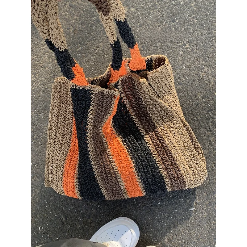 Multicolor Striped Crochet Tote Bag with Earthy Tones, Summer Beach Raffia Woven Shoulder Purse, Casual Boho Style Handbag