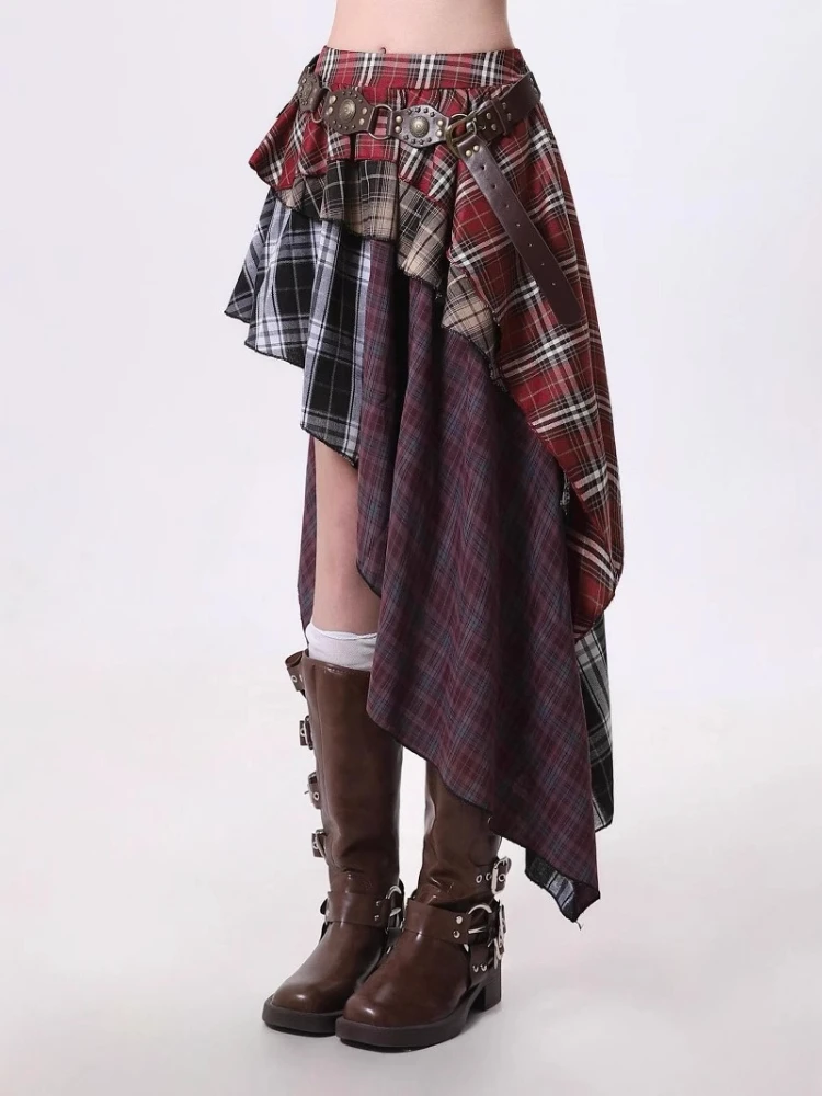 Retro Irregular Checkered Midi Skirt for Women, Sweet, Cool, Spicy, High Waisted, Slimming, Sporty Style Pleated Short Skirt