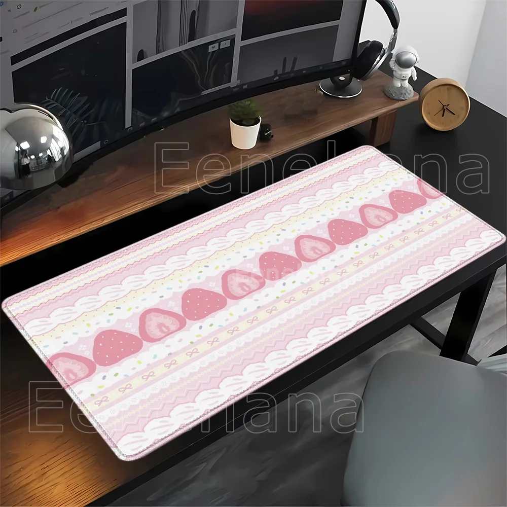 cartoon Strawberry Cake Gaming Mousepad Pink Kawaii Large Office Rubber Mouse Pad Keyboard HD Printing overlock dessert Desk Mat