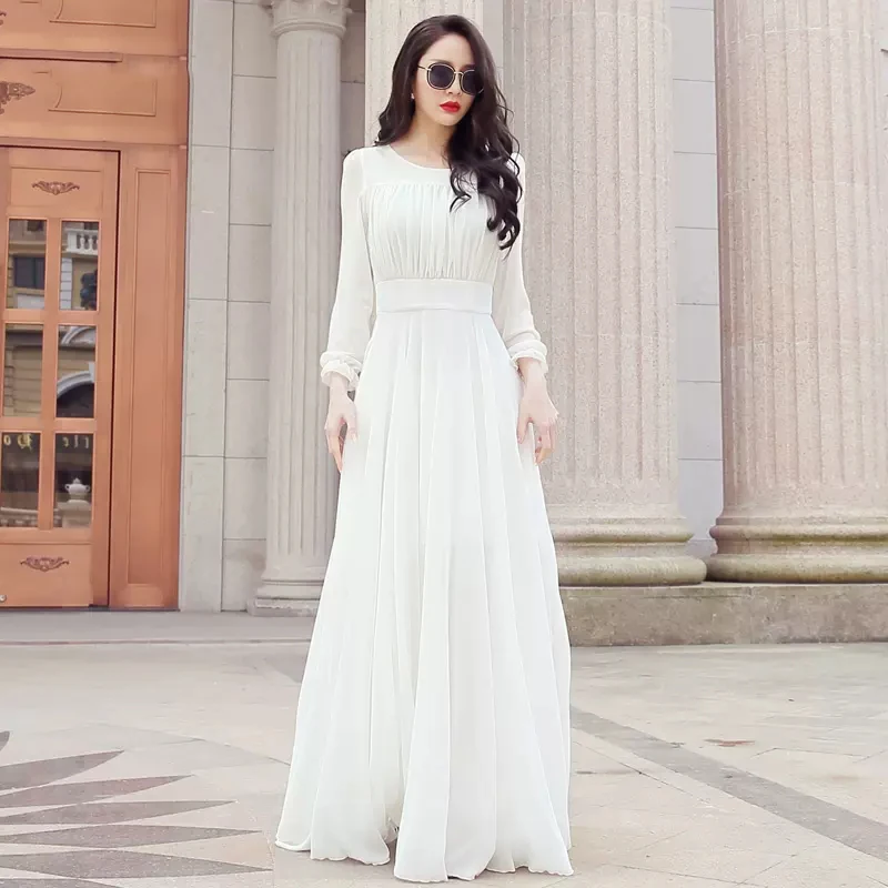 

New Women Spring Summer Ankle-Length Chiffon Dress Fashion O-Neck Long Sleeve Folds Beach Dress Elegant Flowing Holiday Dress