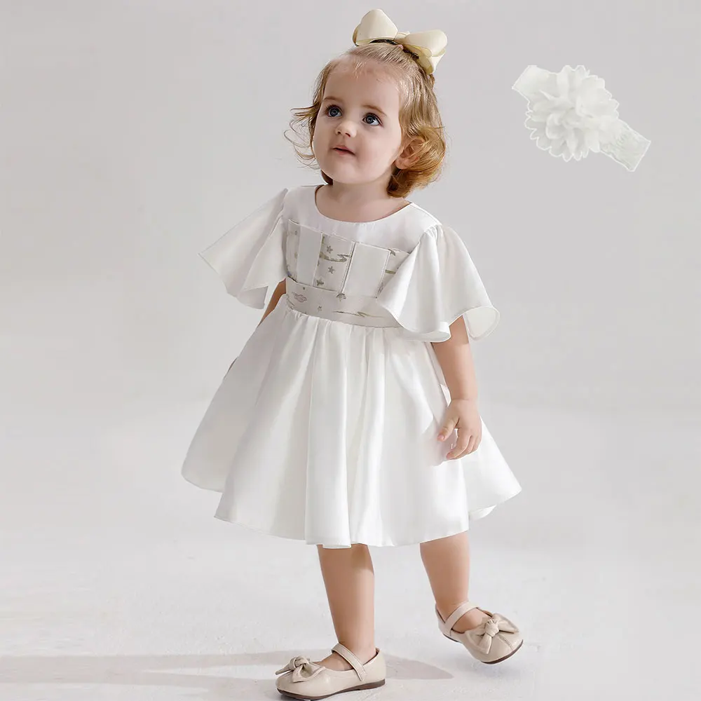 Hetiso First Birthday Dress for Baby Girl Retro Satin Infant Christening Gowns Batwing Sleeve Blessing Dresses for 3-24 Months