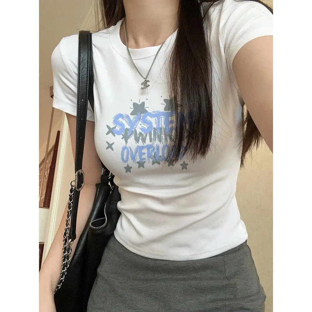 T-shirt in Puro Cotone Slim Fit da Donna, Nuovo Top Estivo con Spalle Scoperte, Versione Coreana Versatile che Nasconde le Imperfezioni...