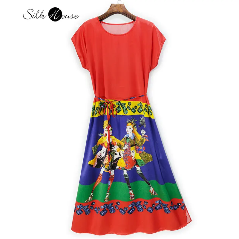 

2025 Women's Summer New 93% Natural Mulberry Silk Elastic Satin Print Round Neck Batwing Short Sleeved Dress