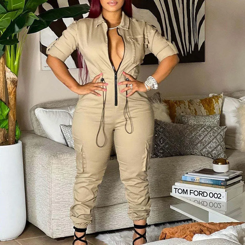Front Zipper Turn-down Collar Bodycon Jumpsuit Women Cargo Pants Drawstring Waist One Piece Romper Pocket Sporty Casual Overalls