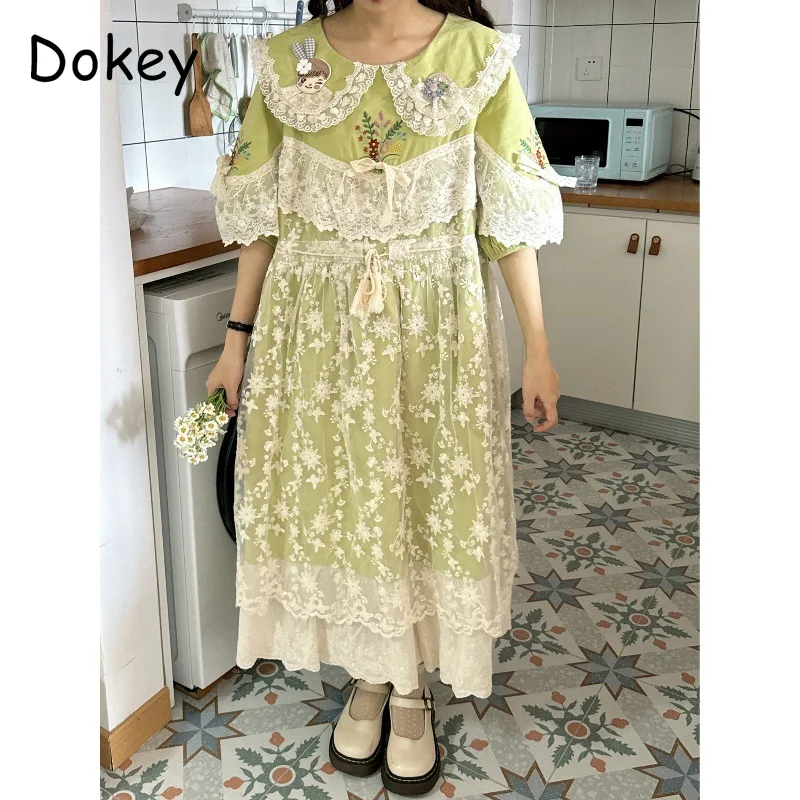 Mori Girl Style Lace Ruffled Lolita Dress Women Vintage Embroidery Peter Pan Collar Patchwork Green Dress Casual Midi Vestidos