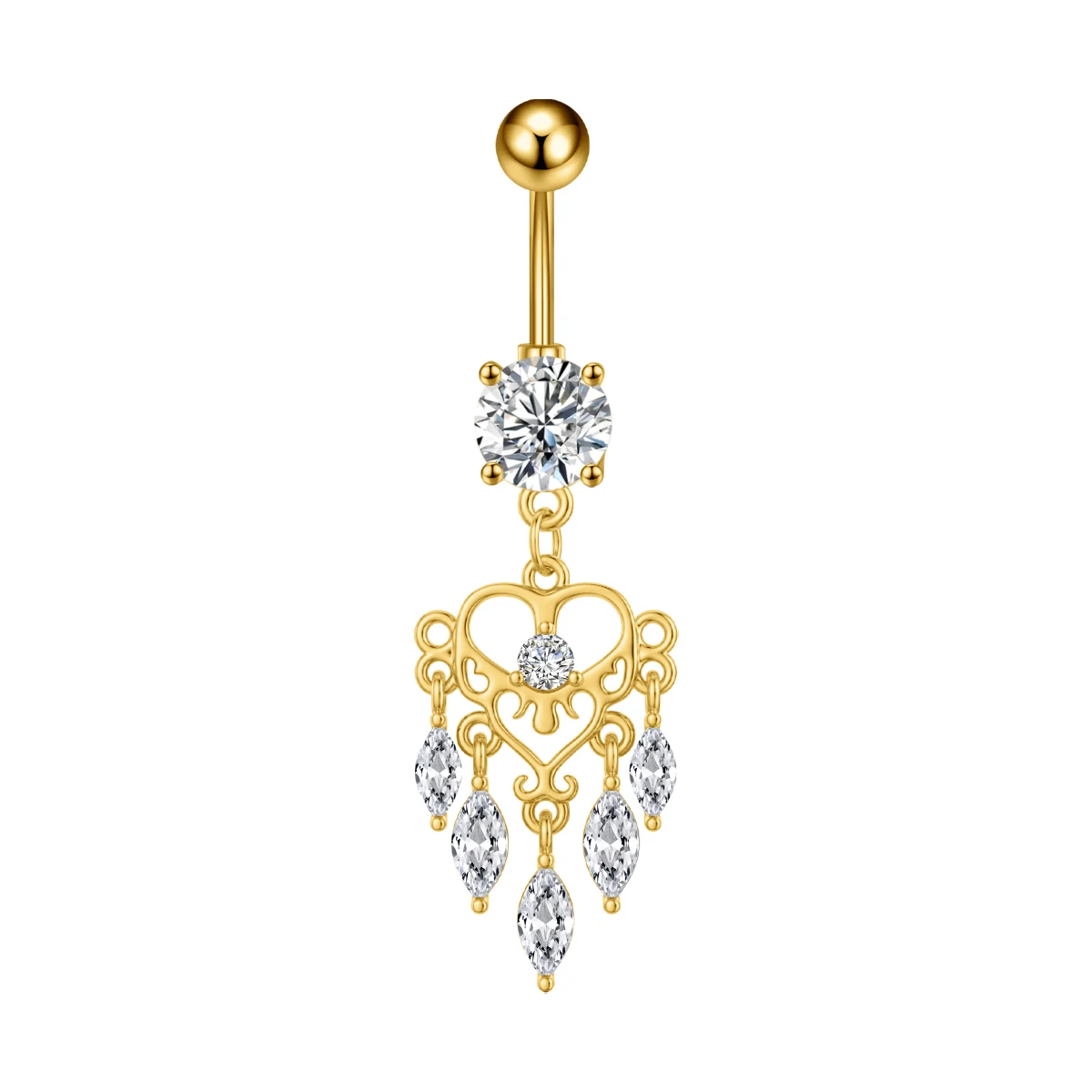 Crown Heart Dangled Belly Button Rings with Butterfly Drop
