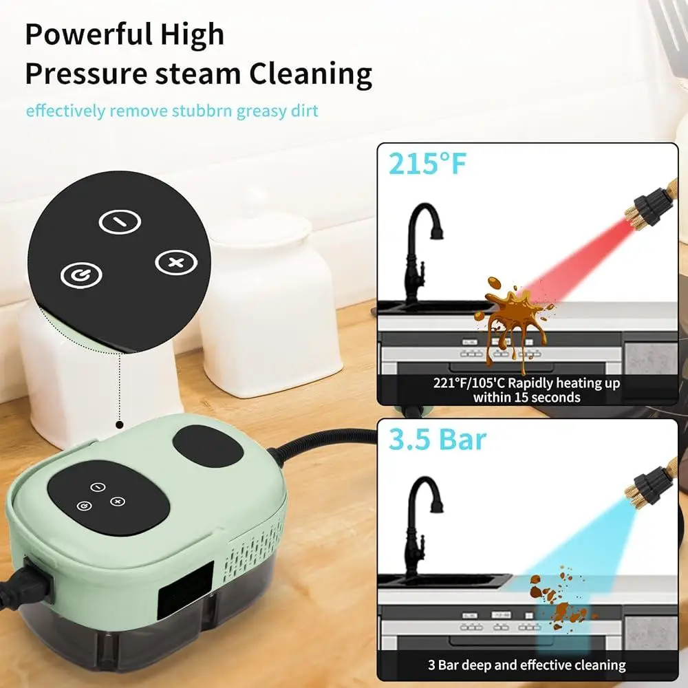 고압 스팀 청소기 2500W 휴대용 핸드헬드 고속 가열 10S, 3개의 브러시 헤드 포함 딥 클리닝 및 얼룩 제거