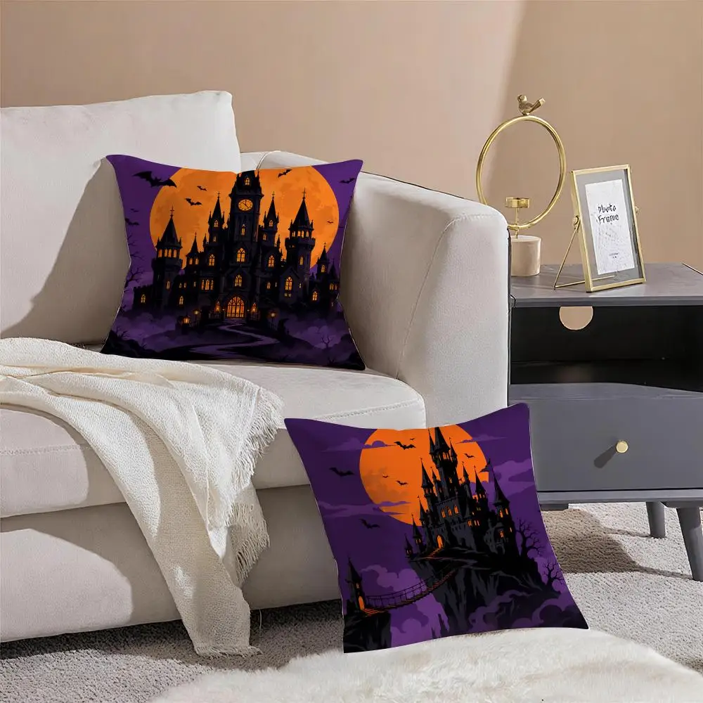 Halloween Haunted Castle Cushion Cover Throw Pillow Cover Hidden Button Durable Polyester Chair Cushion