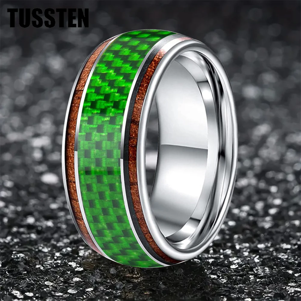 

TUSSTEN 10MM Dome Tungsten Ring for Men Women Carbon Fibre Koa Wood Carbon Fiber Inlay Fashion Wedding Band