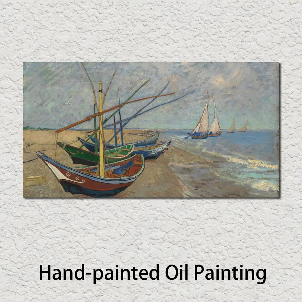 

Modern Seascape Canvas Art Fishing Boats on the Beach at Saints Maries Handmade Van Gogh Painting High Quality Lobby Decor