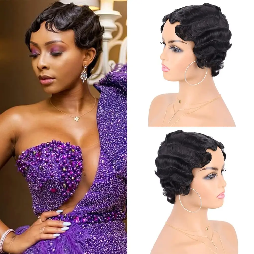 Short curly synthetic wig head cover vintage water ripple short roll head cover