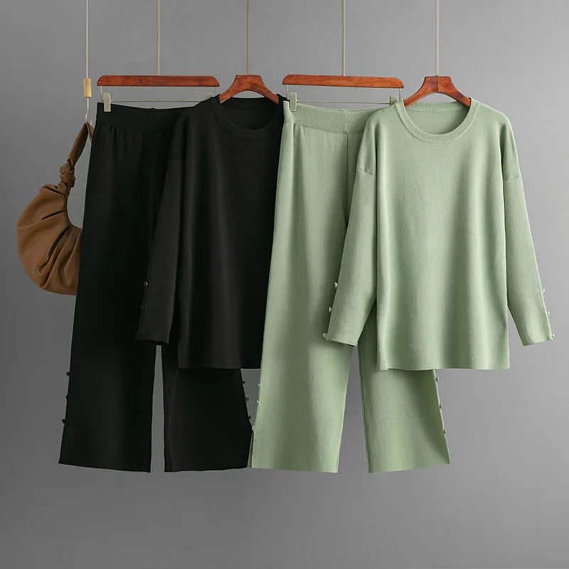 

2 Piece Sets Women Knitting Suit Pullover Sweater Knitted Wide Leg Pants Outfits 2025 Autumn Winter Muslim Knitwear Ensemble