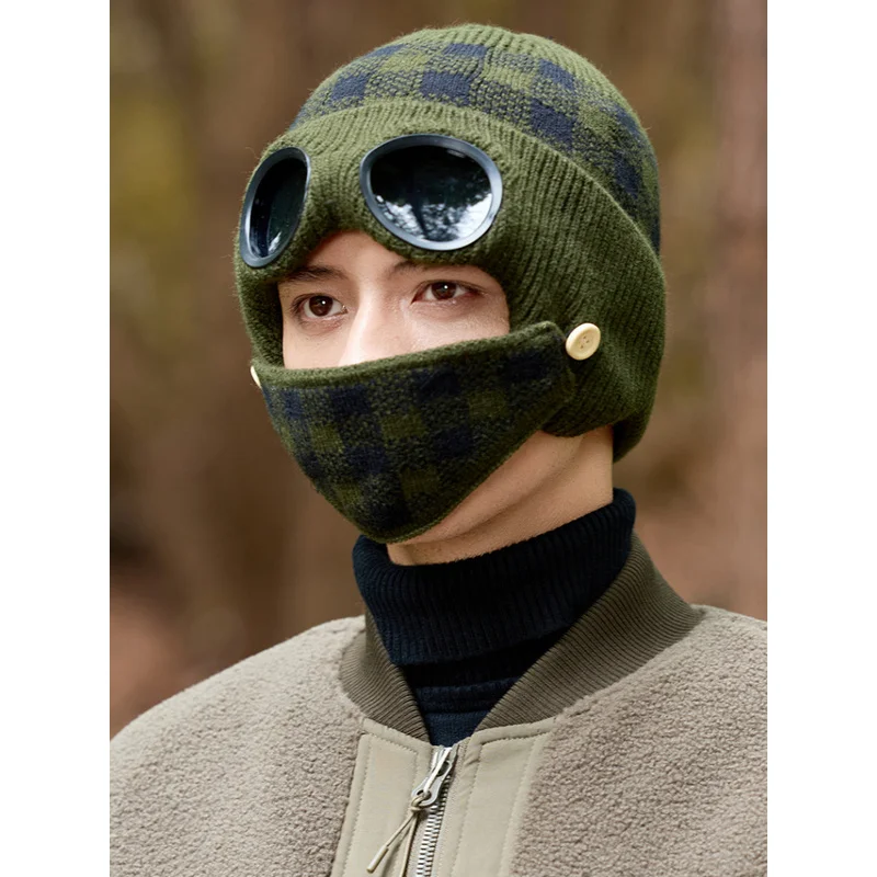 Men's Winter Plaid Knitted Hat Double-Layer Fleece Lined Full Face Protection Warm Windproof Outdoor Flight Cap for Women