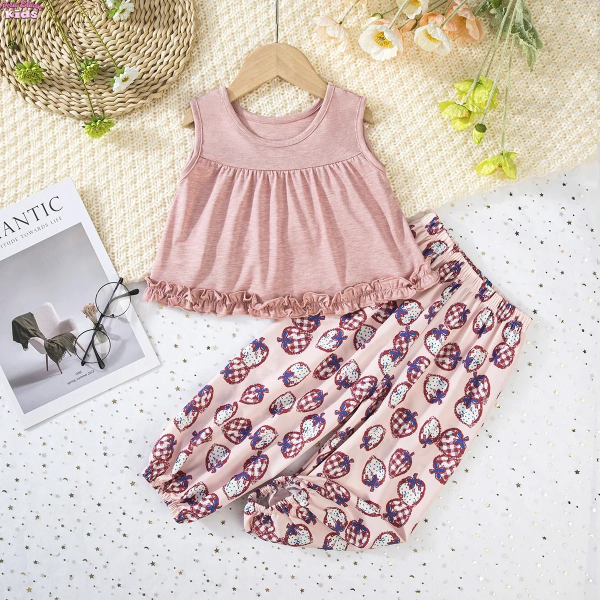

Toddler Girl Sleeveless Outfit Set Solid Babydoll Top and Printed Pants 2Pcs Set Comfortable Clothes for 1-6Y Clothes for Girls