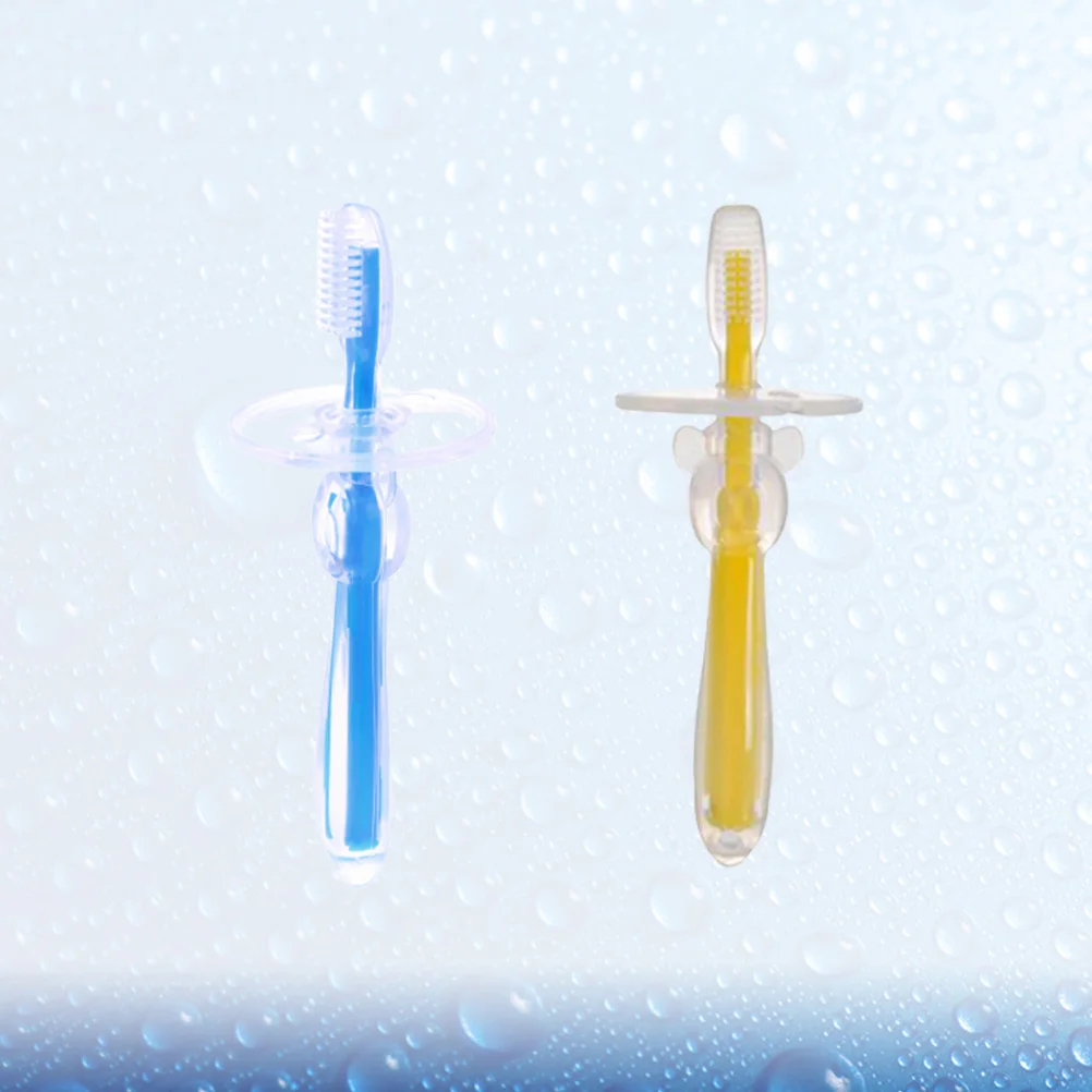 

2Pcs Silicone Baby Toothbrush Soft Bristle Training Toothbrush Umbrella Shape Safety Guard Baby Teeth Cleaner Yellow Blue