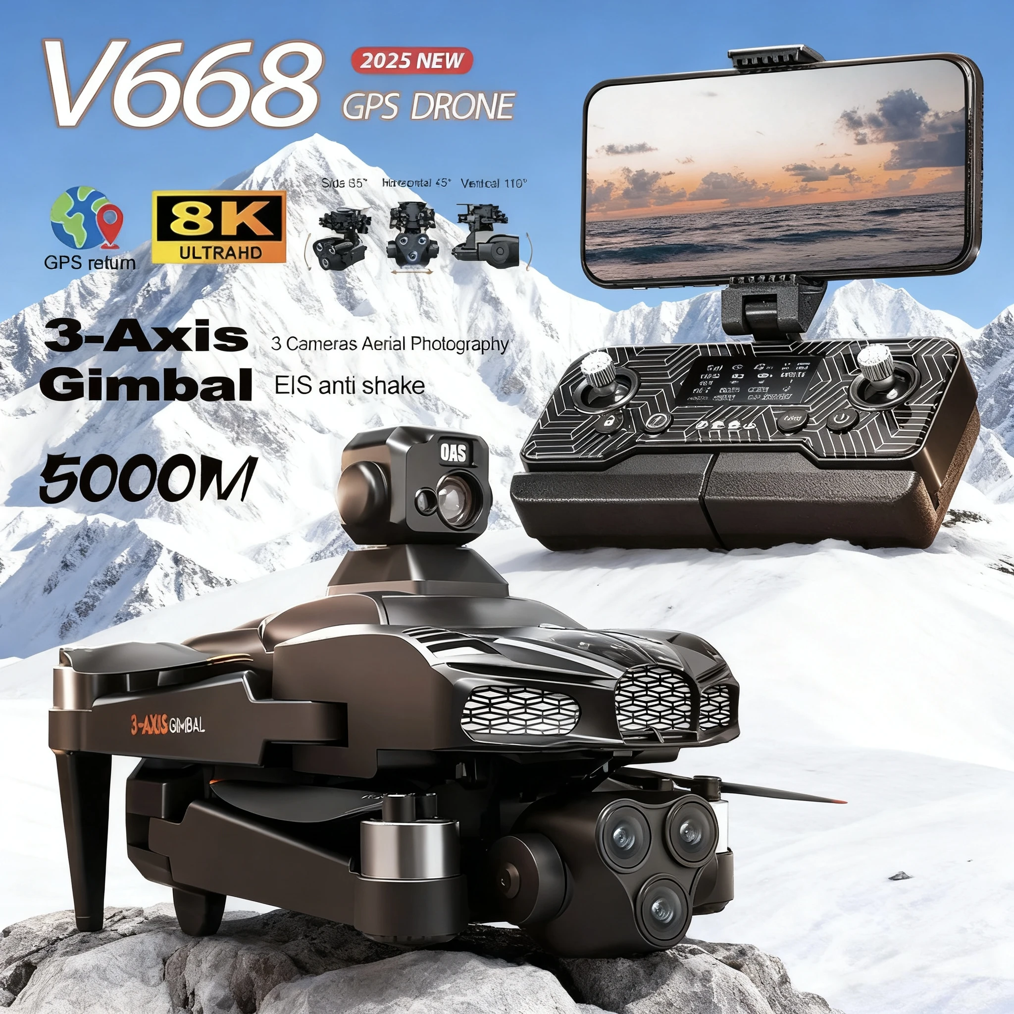 V668 GPS 드론 8K 전문가용 3축 PTZ HD 트리플 카메라 5G WIFI FPV 드론 장애물 회피 브러시리스 모터 RC 쿼드콥터 장난감
