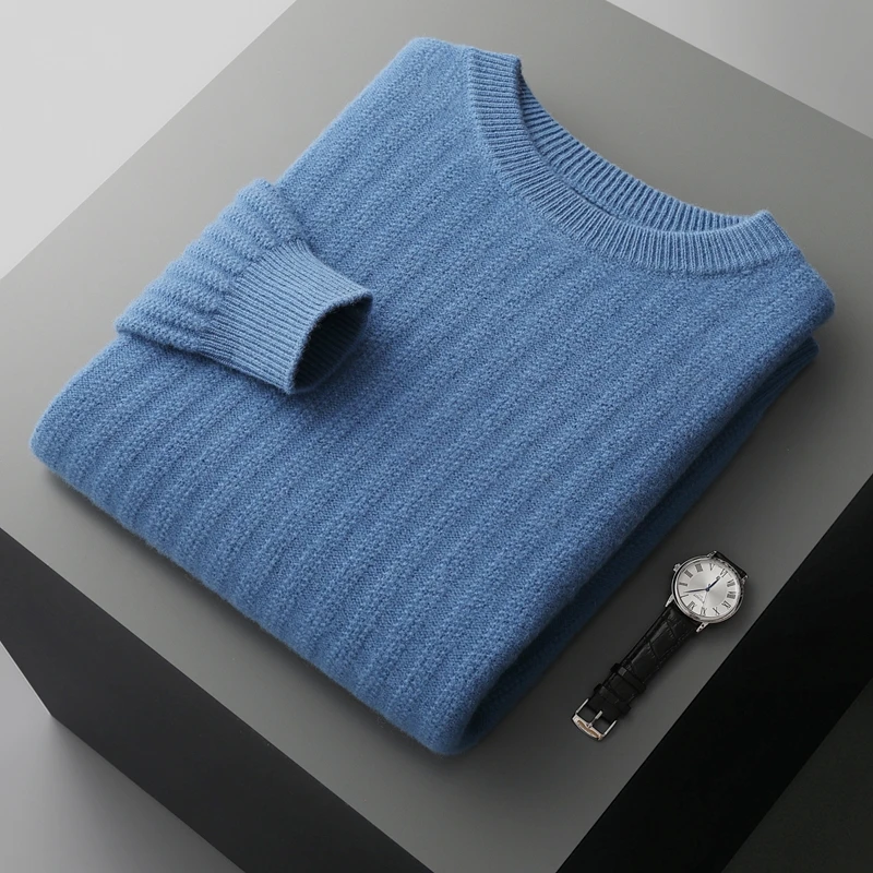 Autumn Winter Thick 100% Pure Wool Sweater Men's Round Neck Knitted Pullover Casual Solid Color Top Long Sleeved Warm Menswear