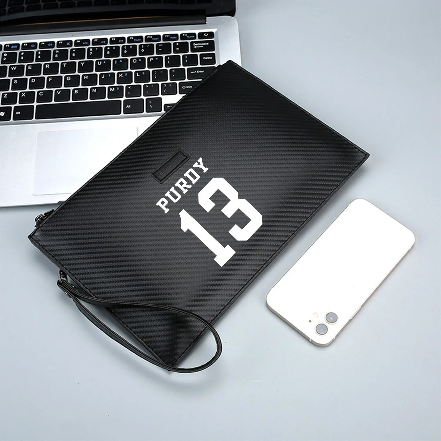 PURDY thirteen white bold numbers Elegant Printed PU Men's Handbag Fashionable and Practical for Everyday Carry