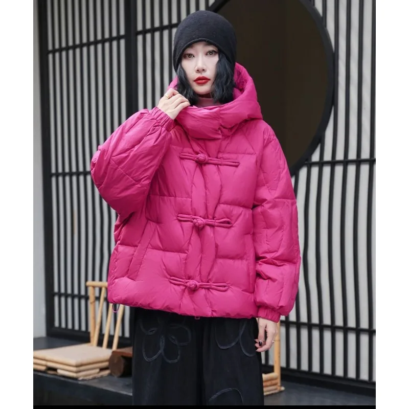 The New Winter Down Jacket for Women Short Hooded One with Ethnic Style Thick Buckles Made Retro White Duck Down Warm Loose Coat