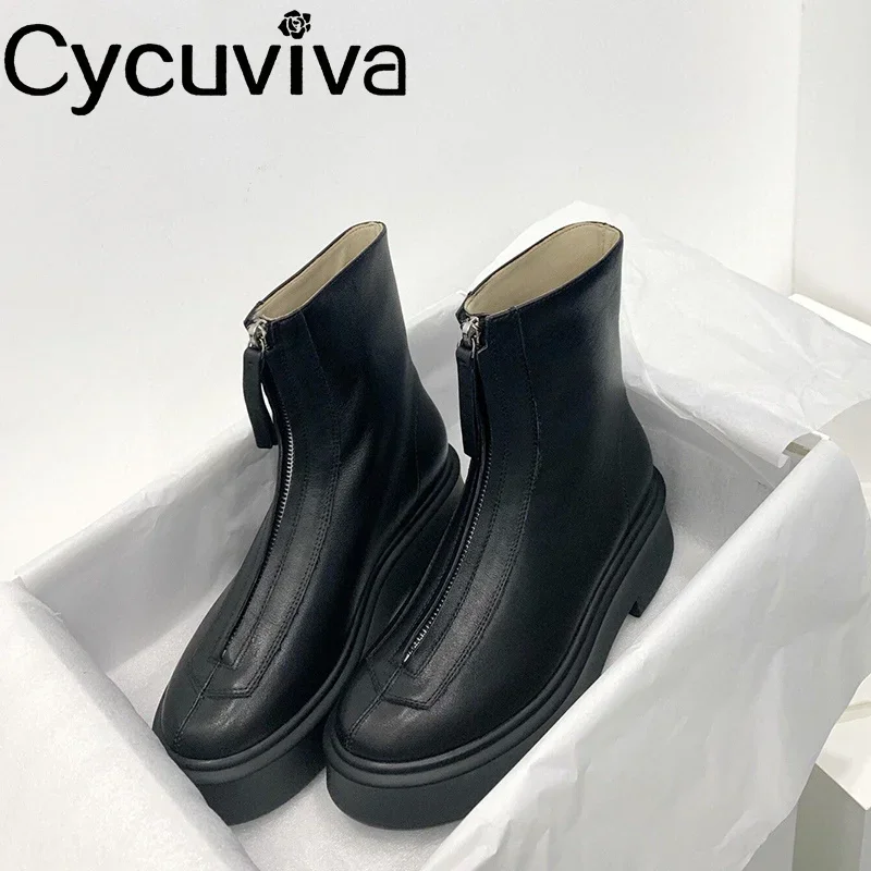 Chunky Square Heel Chelsea Boots Ladies Front Zipper Genuine Leather Women Winter Shoes Motorcycle Ankle Boots For Women