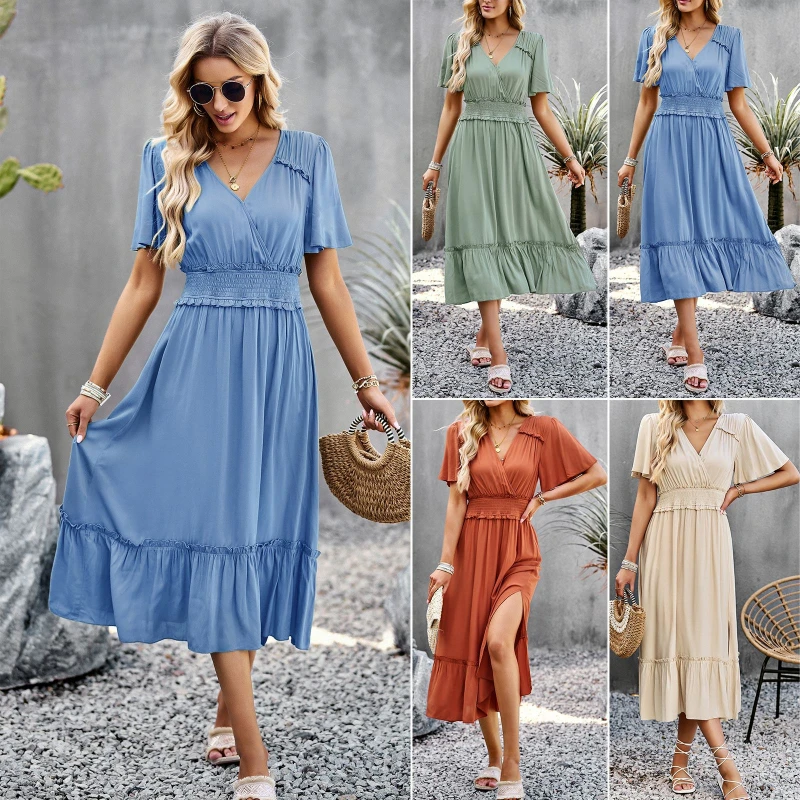 

Fashion Woman Elegant V-neck Long Sleeve Tunics A-line Pleated Dress Female Ruffles High Waist Maxi Evening Party Robe Sundress