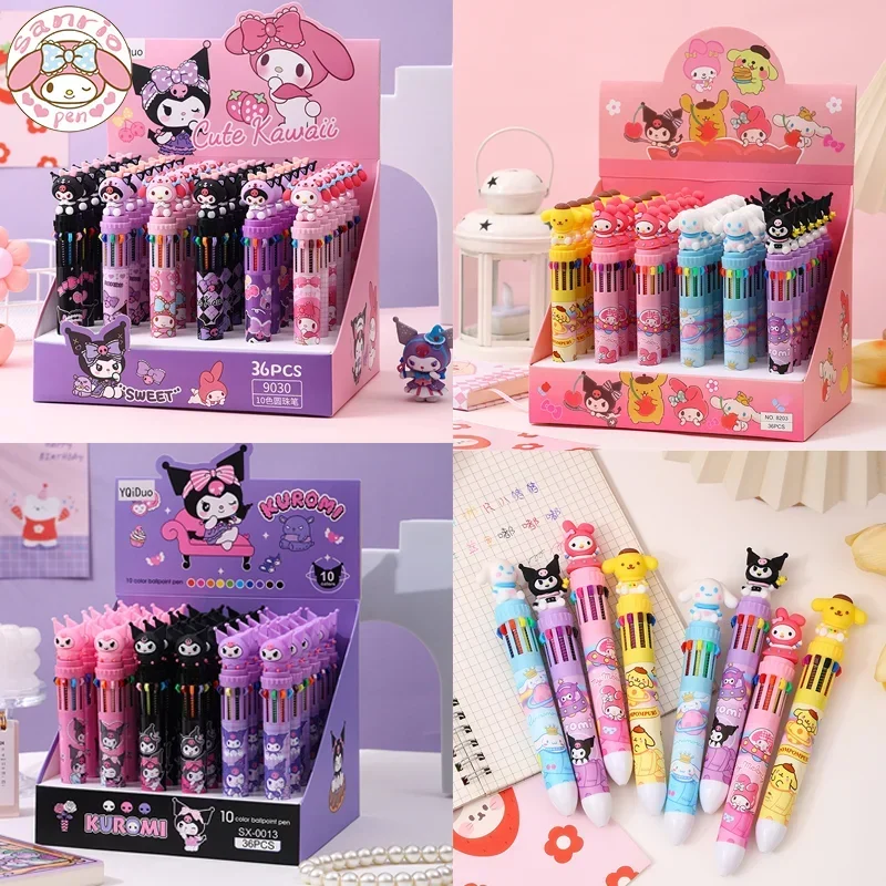 

Sanrio 36pcs Ballpoint Pen Cute Kuromi Melody Cinnamoroll 10 Color Hand-held Pen Girl Gift Pen 0.7mm Creative Student Stationery