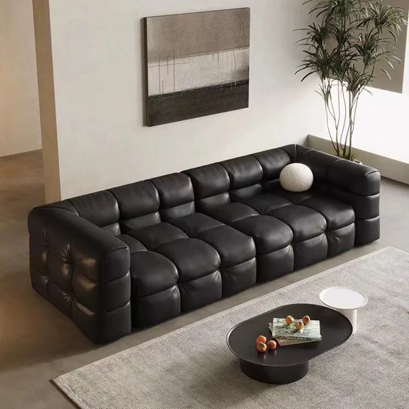 Generation simple living room black first layer leather retro inline sofa y