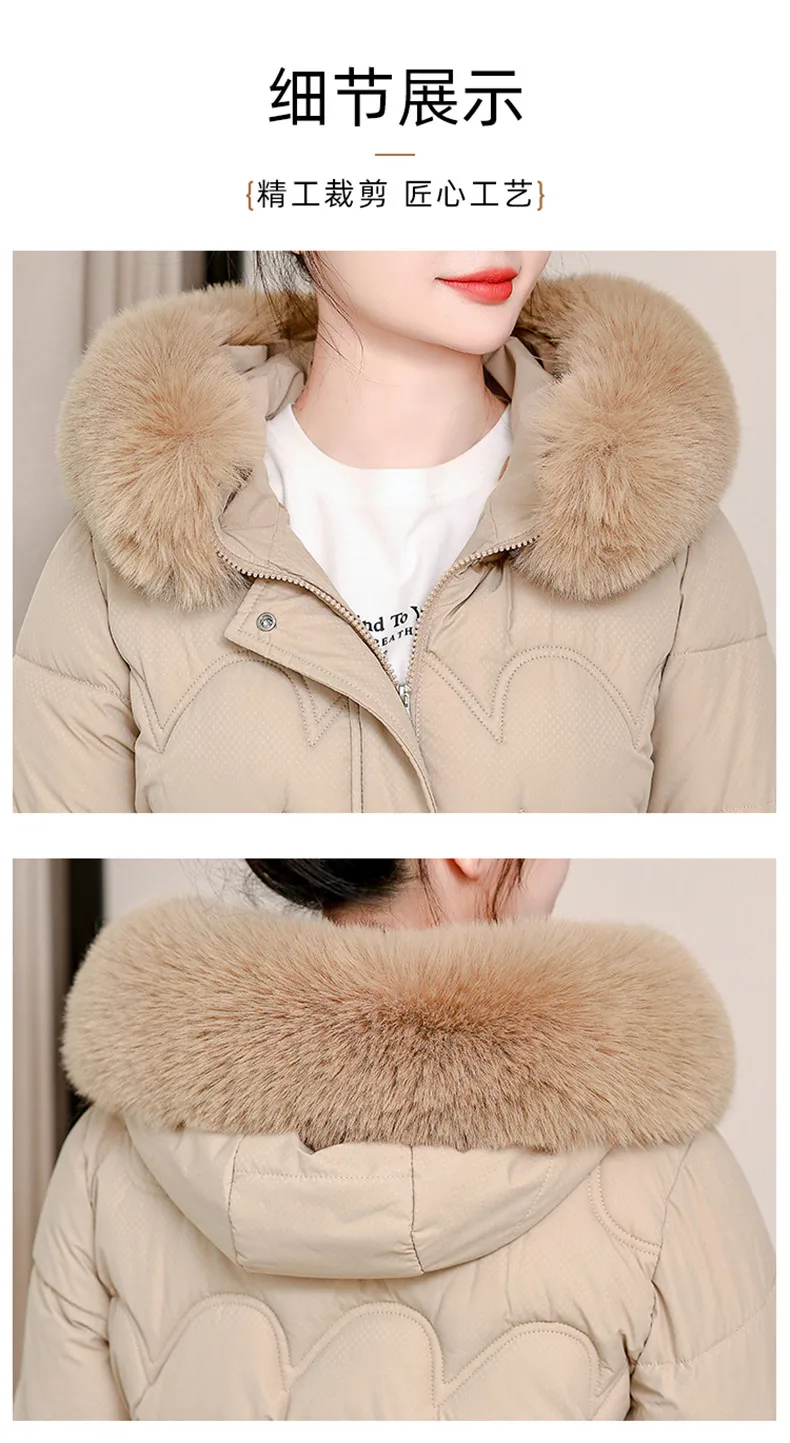 2026 Winter New Fur Collar Puffer Down Parka Loose Long Hooded Warmer Thicken Snow Jacket Pocket Zipper Outerwear Female